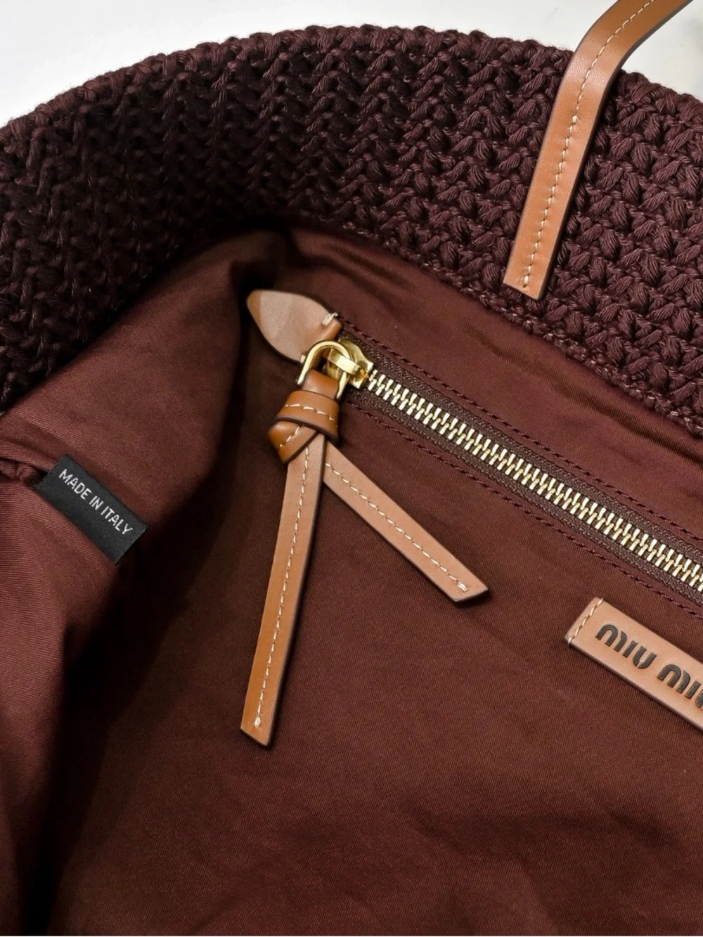 Miu Miu Brown, Cream & Light Blue Striped Knit Tote with Leather Handles